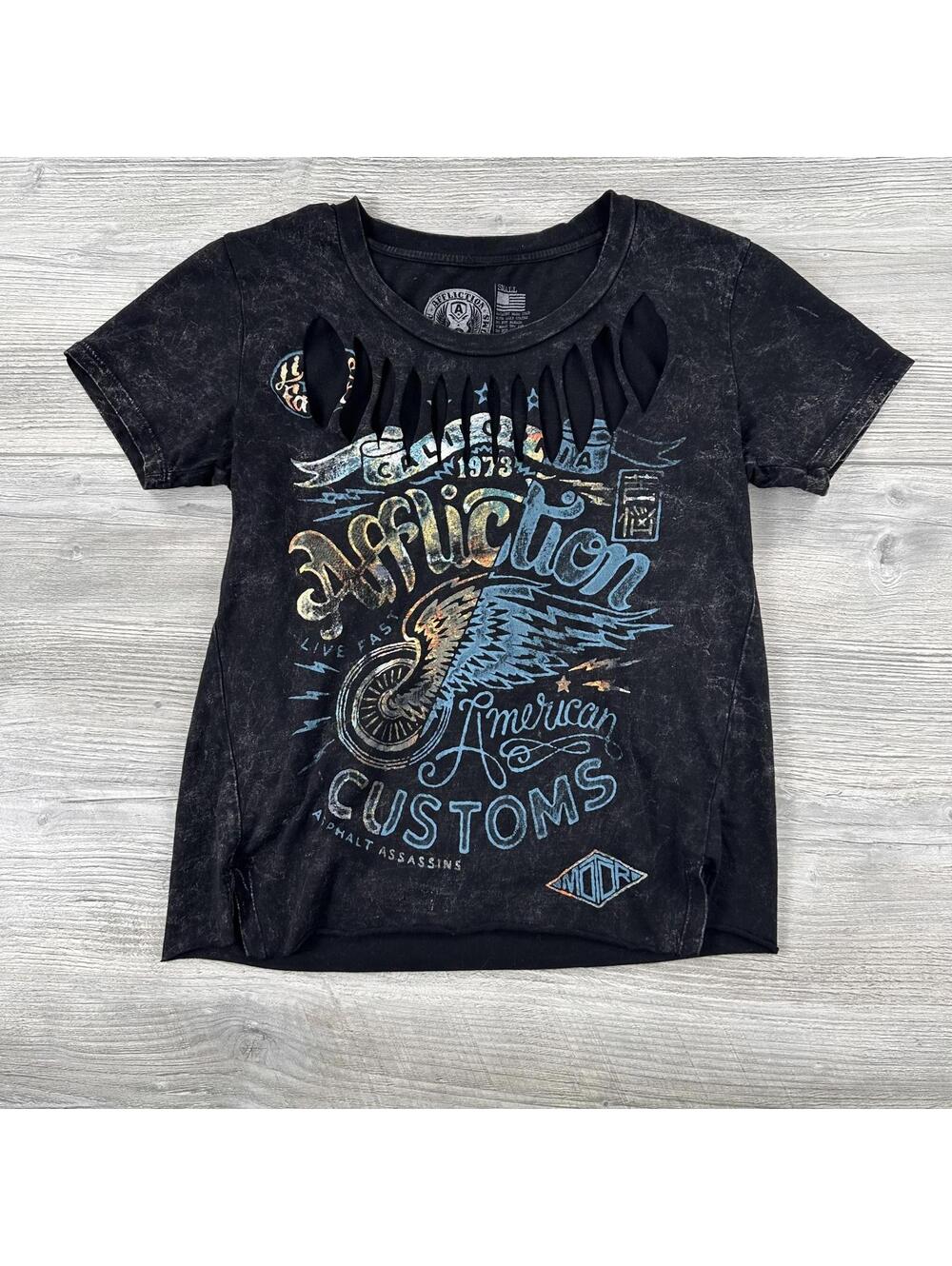 Affliction Shirt Womens Small Black Customs Moto Upcycled Shredded Rocker Chick